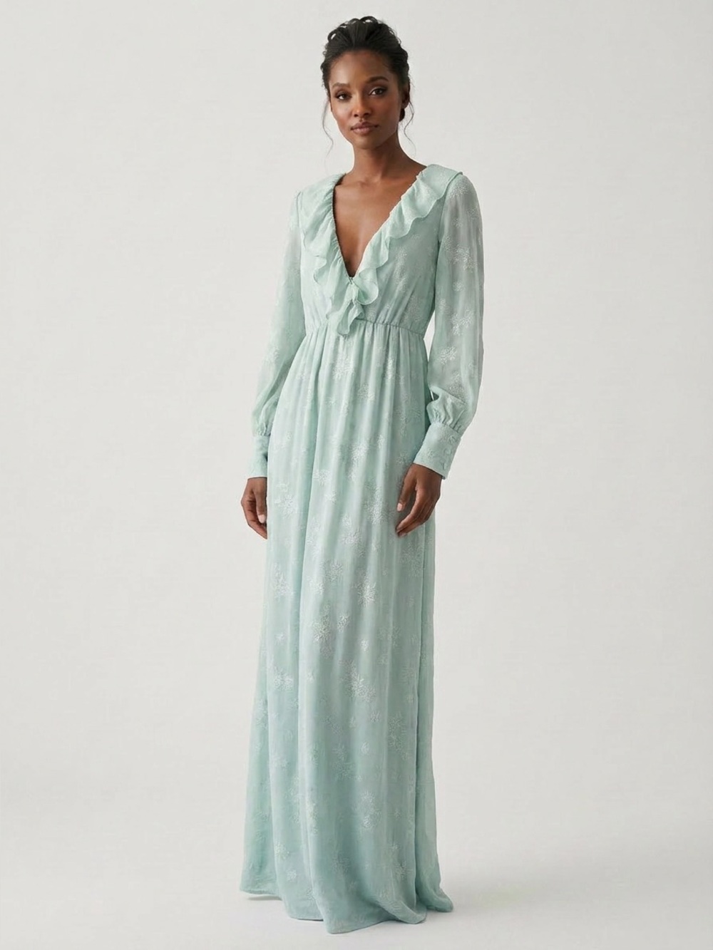 Nasty Gal Collection Seafoam Green Floral Burnout Ruffle Maxi Dress - L